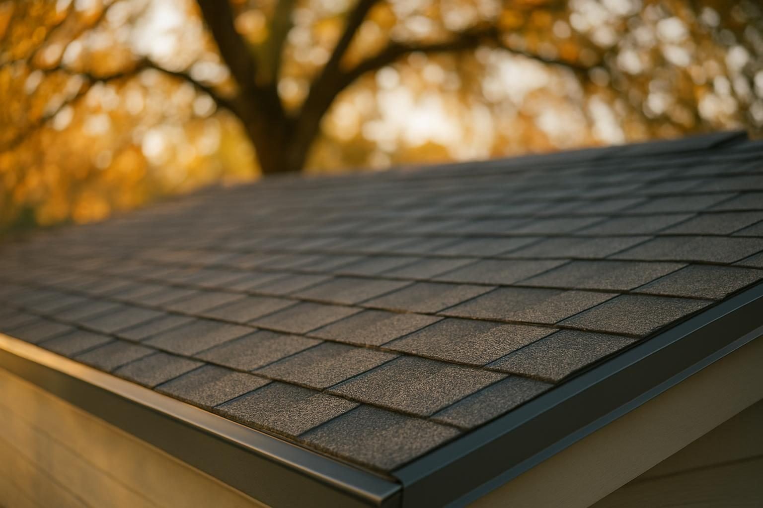 Close-up of new asphalt shingles and ridge cap on a home roof