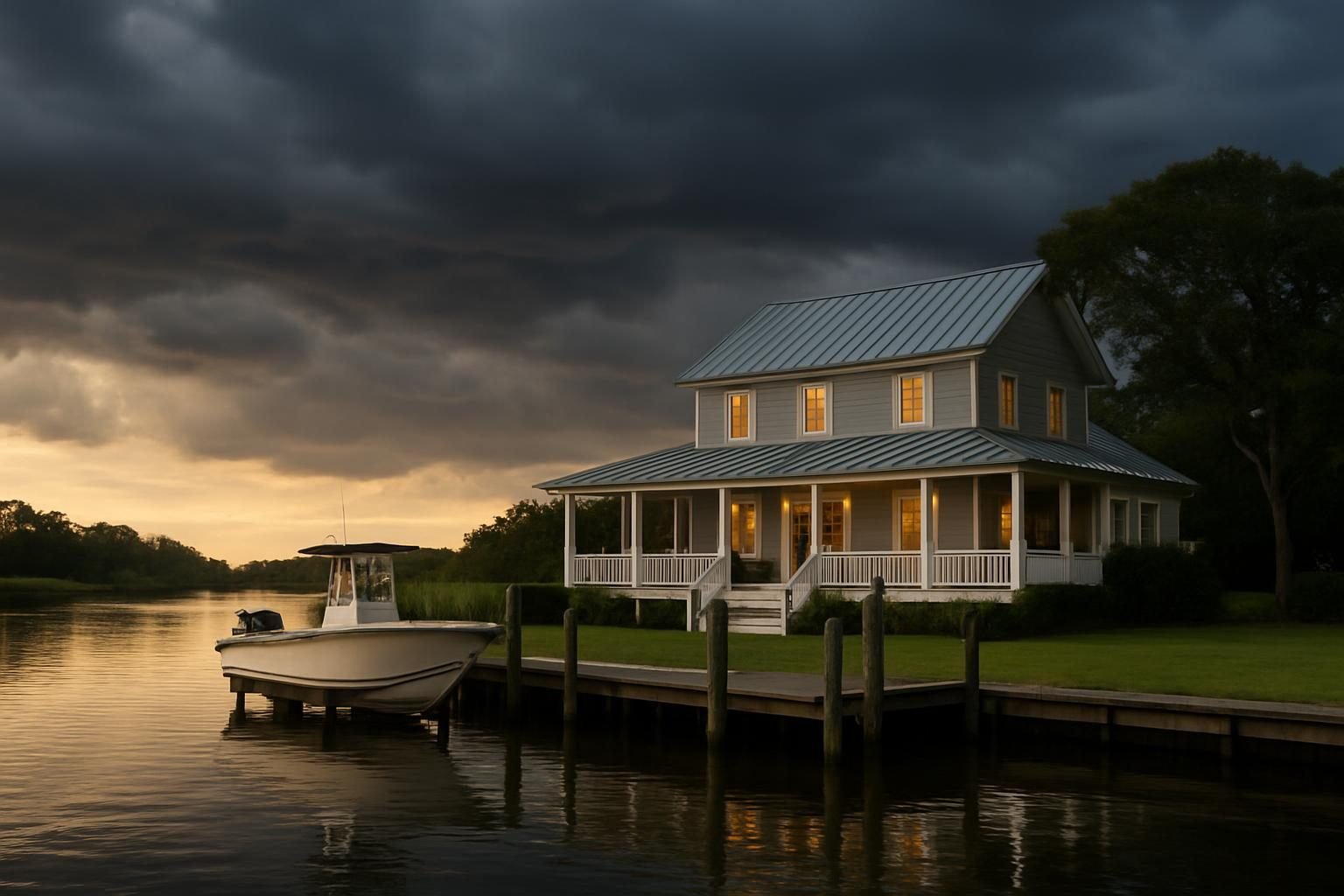 Waterfront home with a metal roof under stormy skies on a river canal
