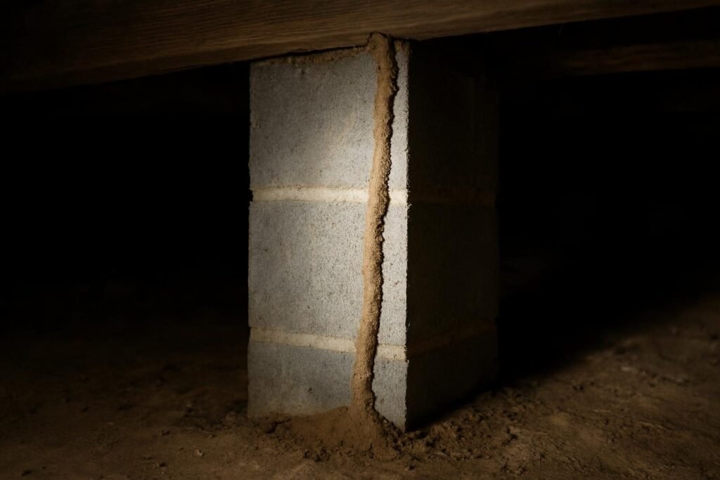 Termite mud tube on a crawl space foundation pier, a sign of termites in eastern North Carolina
