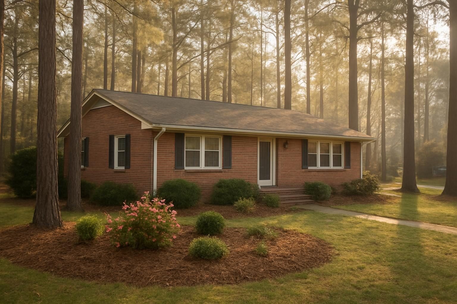 Brick ranch home with mulch beds and pine trees in a wooded coastal North Carolina neighborhood