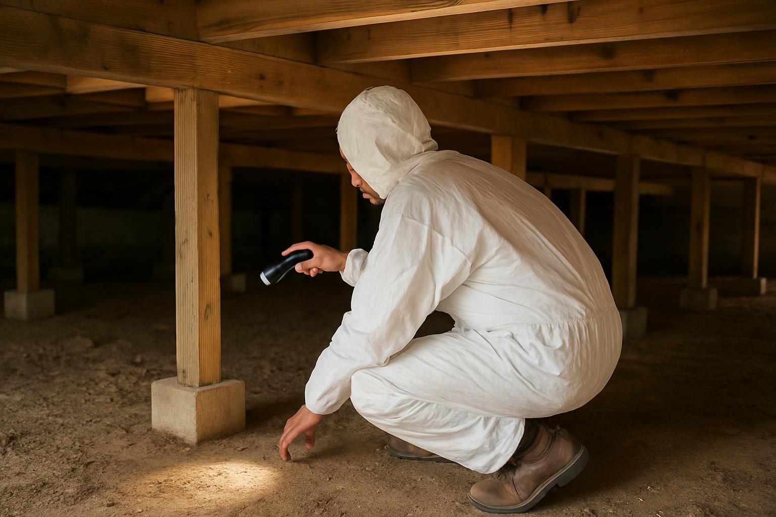 Inspector checking floor joists in a crawl space with a flashlight