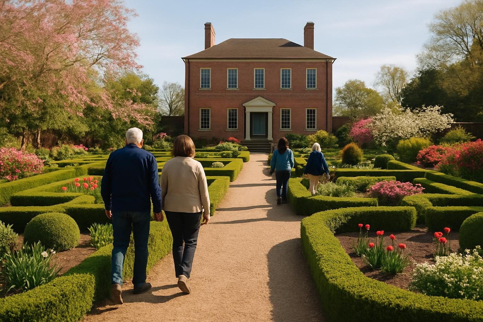 Formal colonial garden with boxwood hedges and brick building