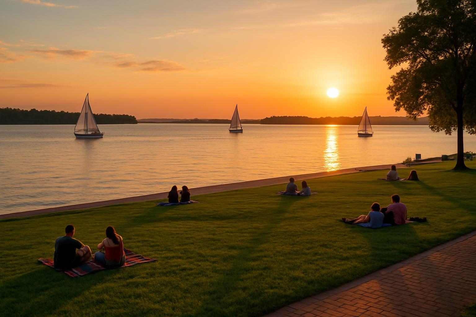 Riverfront park at sunset with boats on the water