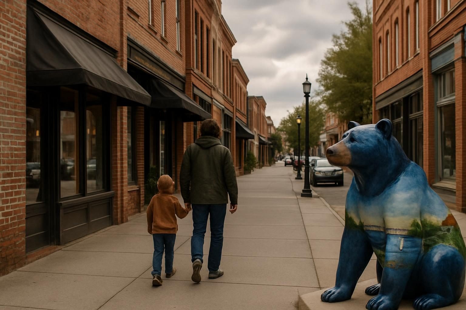 Downtown street with a decorated bear sculpture on the sidewalk