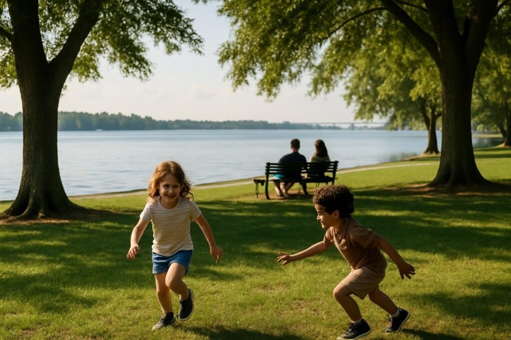 Kids playing at a riverfront park, one of the best things to do with kids in New Bern