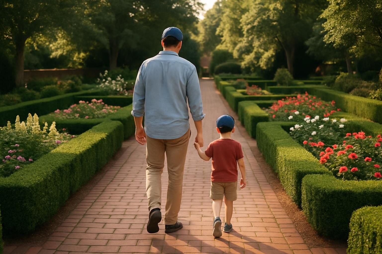 Family strolling a brick path through a historic formal garden