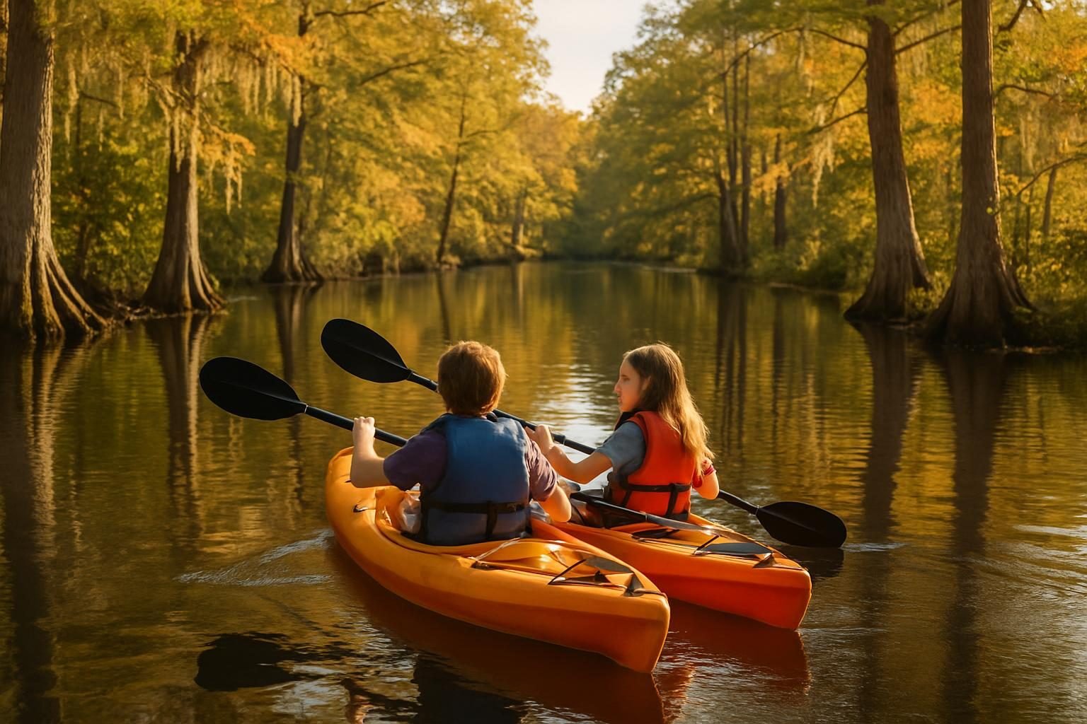 Children in life jackets kayaking on a quiet coastal creek