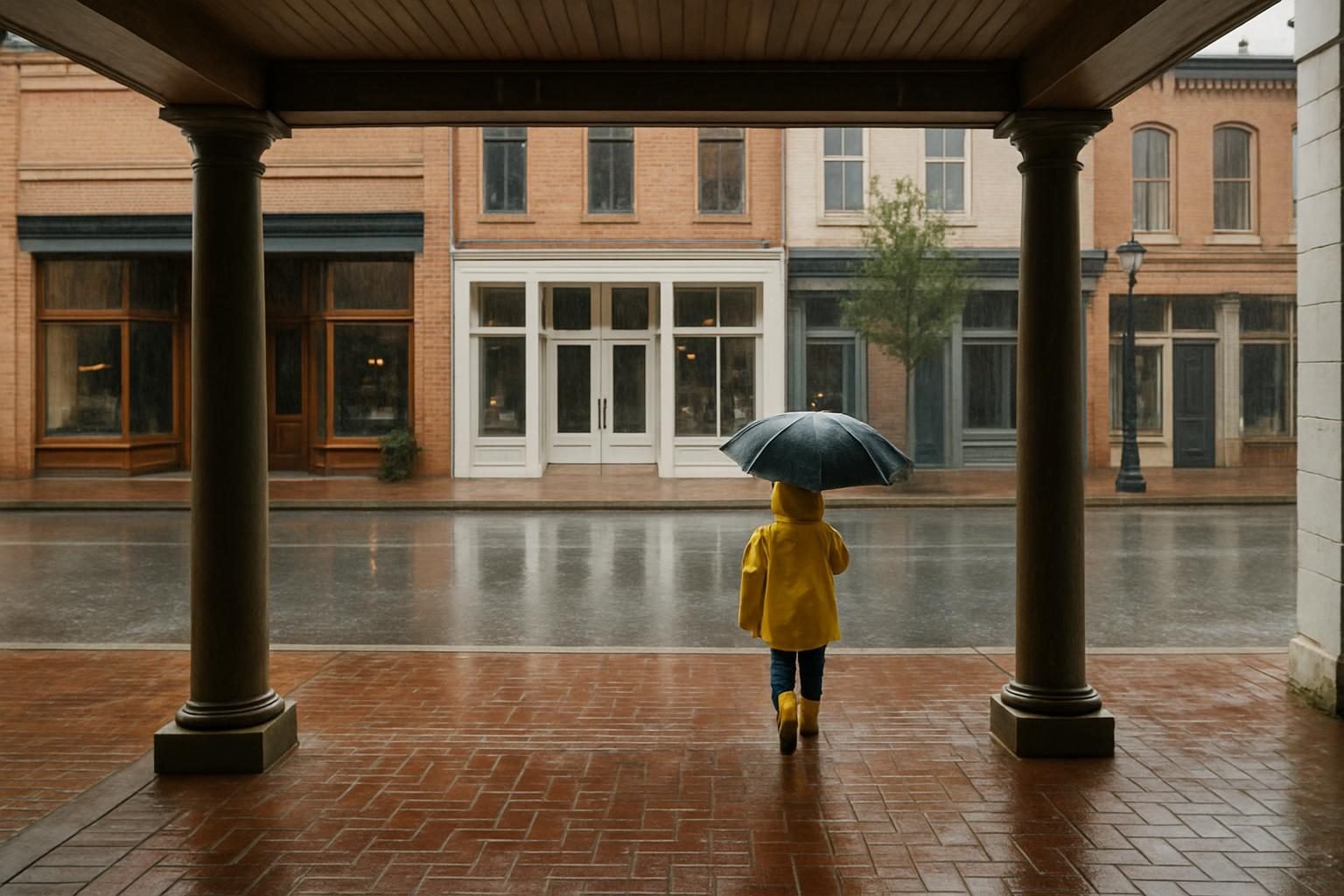 Child in a raincoat walking a wet historic downtown street