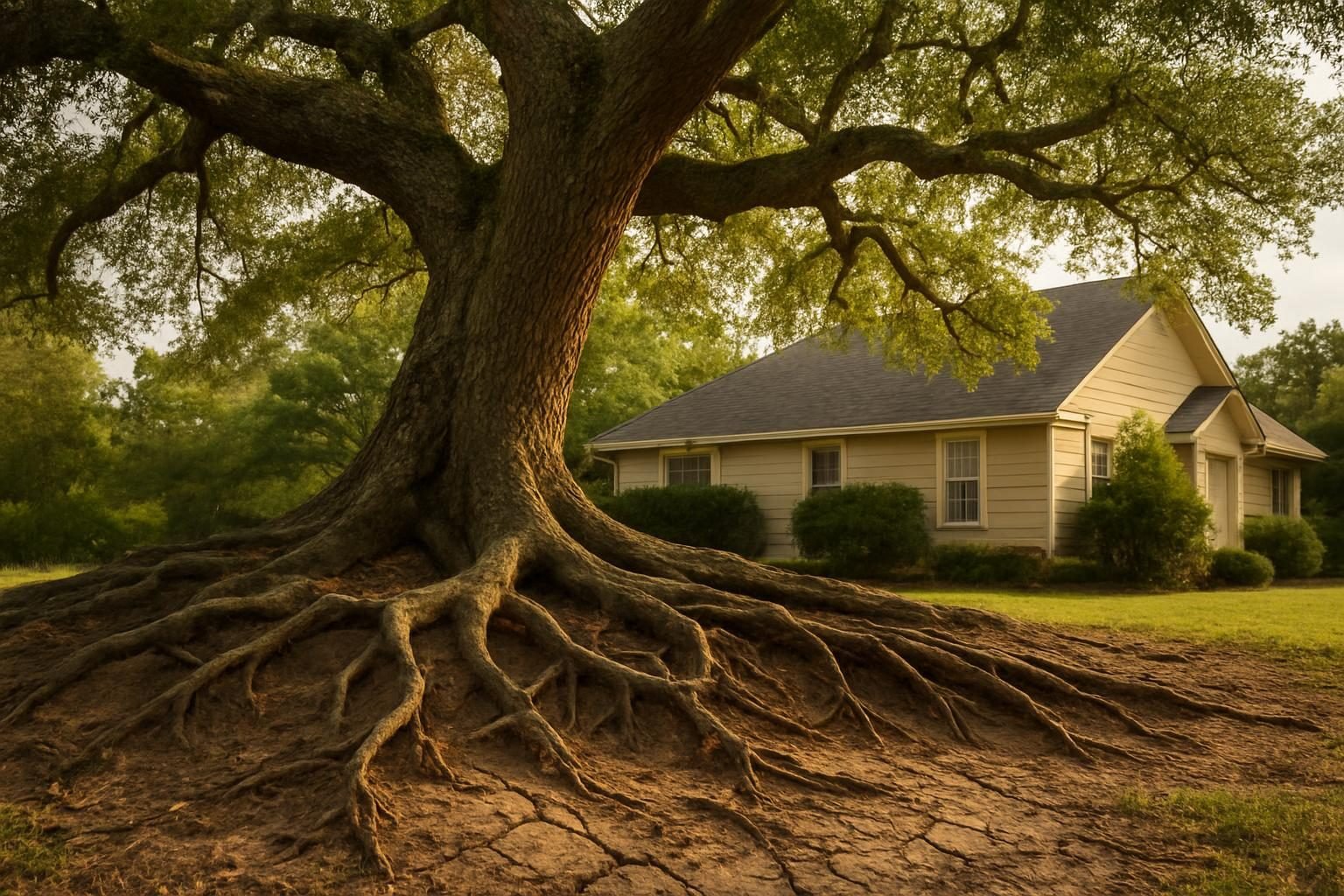 Leaning live oak with exposed roots near a house