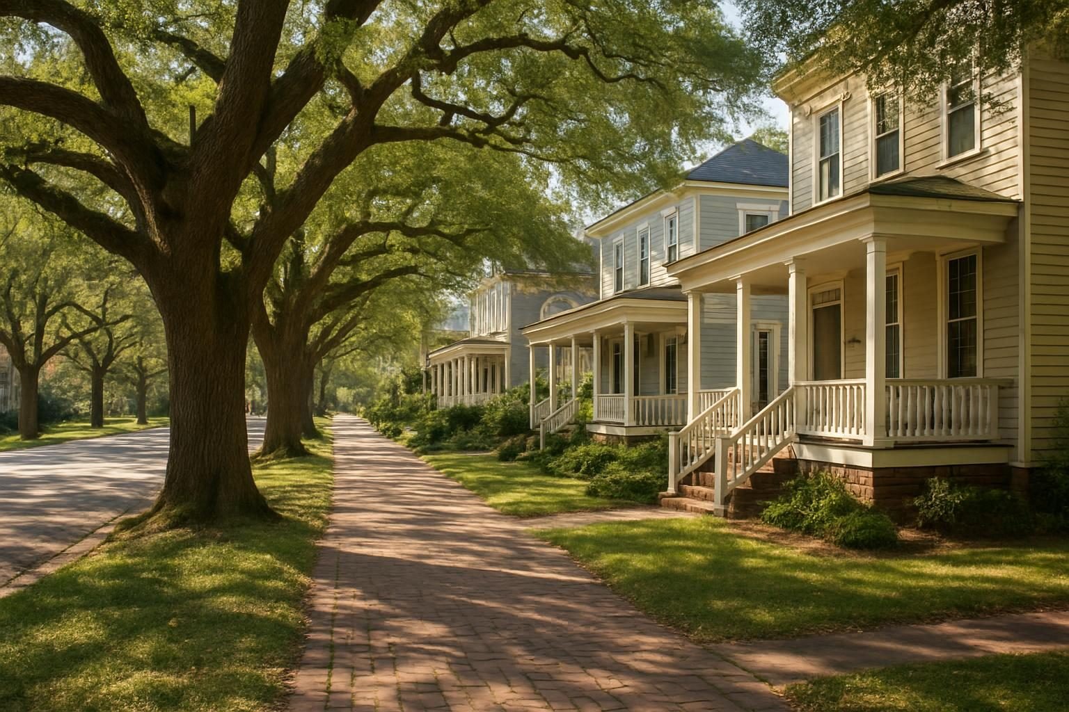 Historic neighborhood street lined with mature oak trees