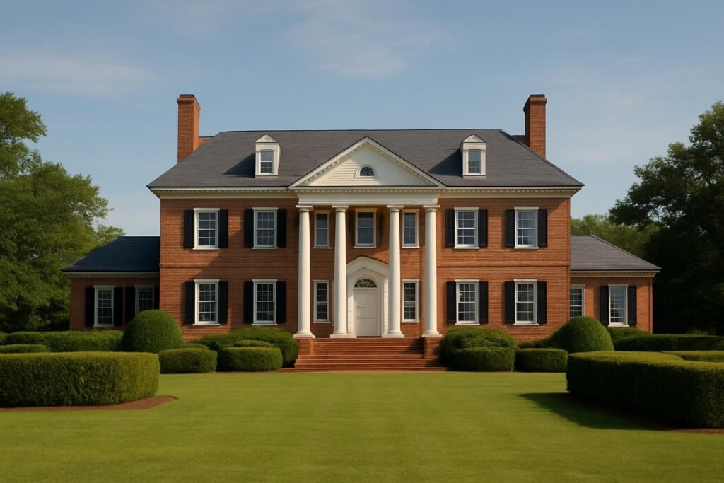 Georgian brick mansion and lawn, a view of Tryon Palace in New Bern, NC