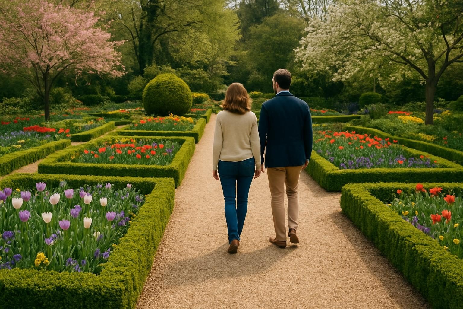 Formal spring garden with boxwood hedges and gravel path