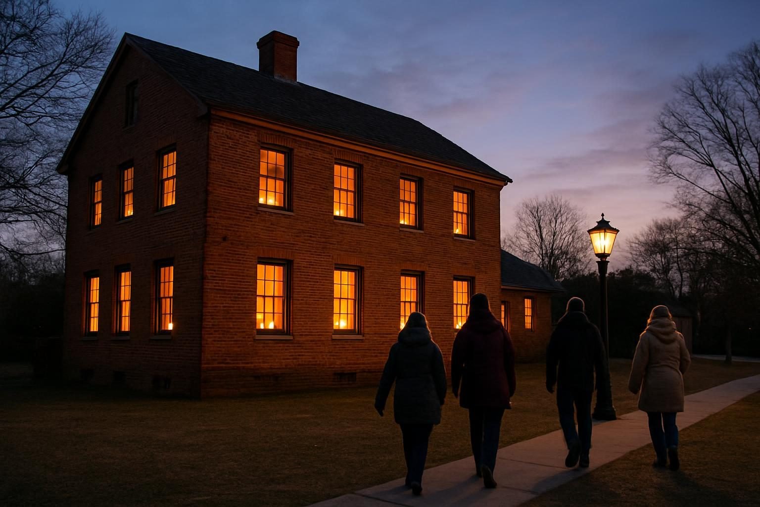 Historic building glowing with warm candlelight at dusk in winter