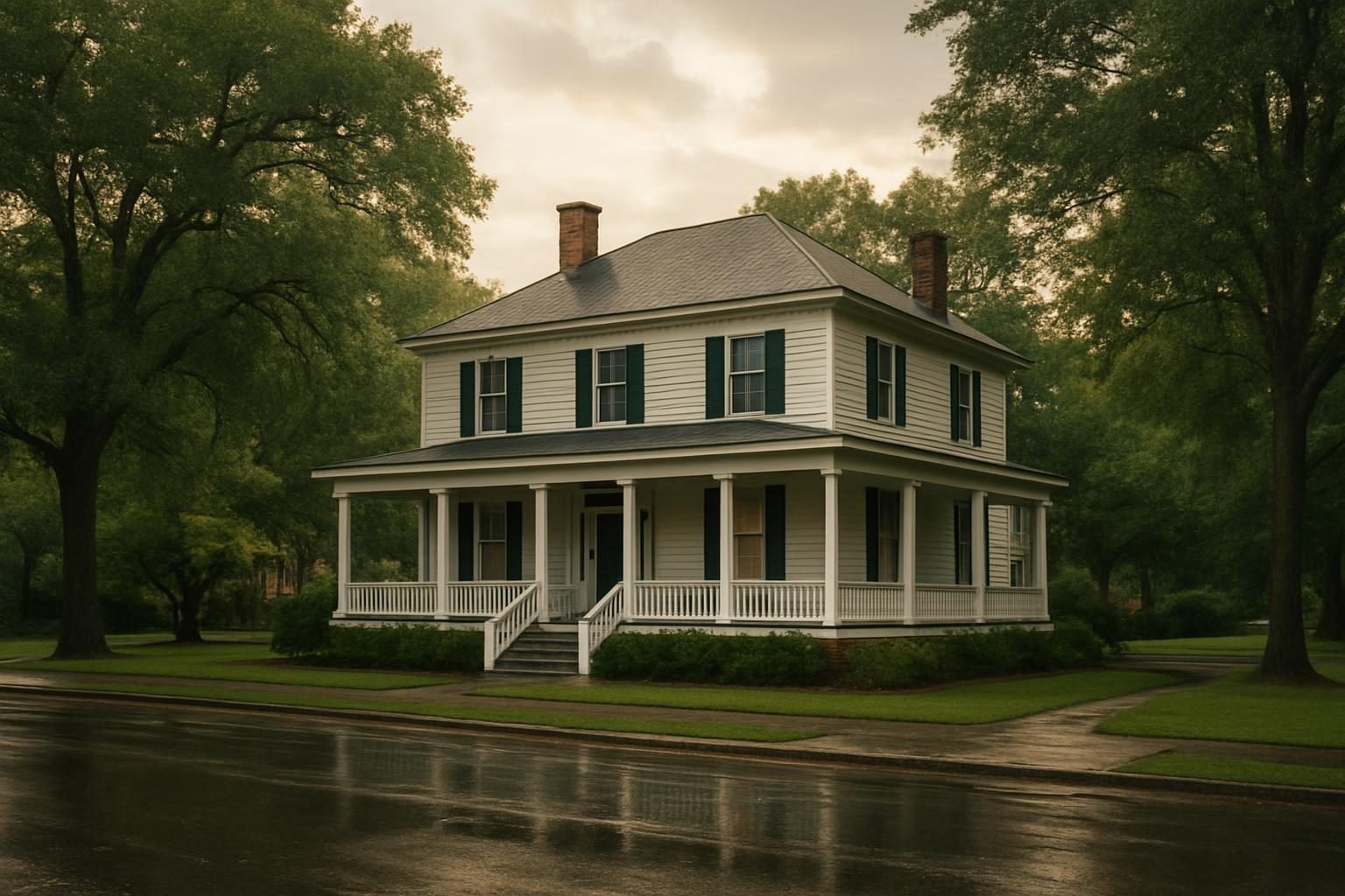 Eastern North Carolina home on a tree-lined street after a storm