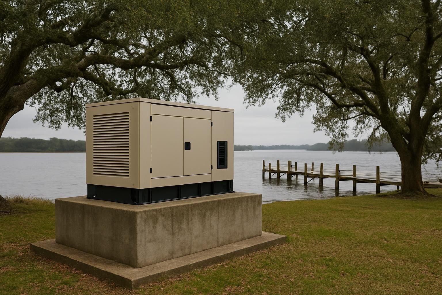 Elevated generator placement in a riverfront yard in eastern North Carolina